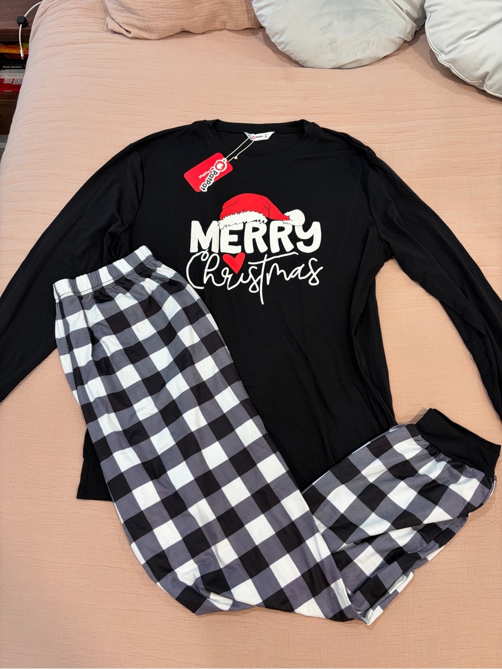 Men’s Merry Christmas Black Pajama Set with Buffalo Check Pants